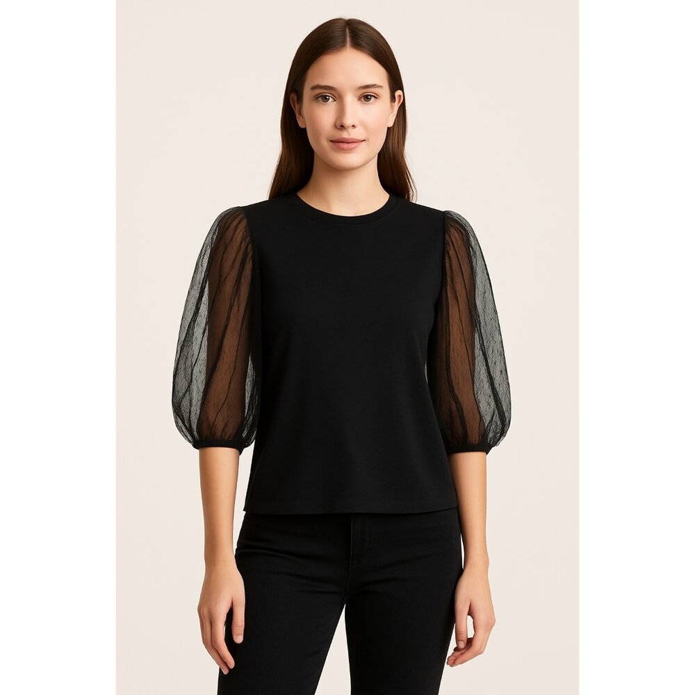 MNG by Mango Black Sheer‎ 3/4 Puff Sleeve Top
